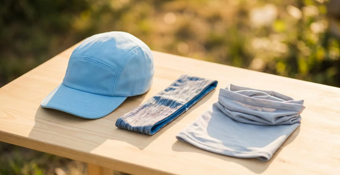 Assortiment d'accessoires rafraîchissants pour la tête (casquette évaporative, bandeau, tour de cou) disposés sur une surface en bois clair en extérieur