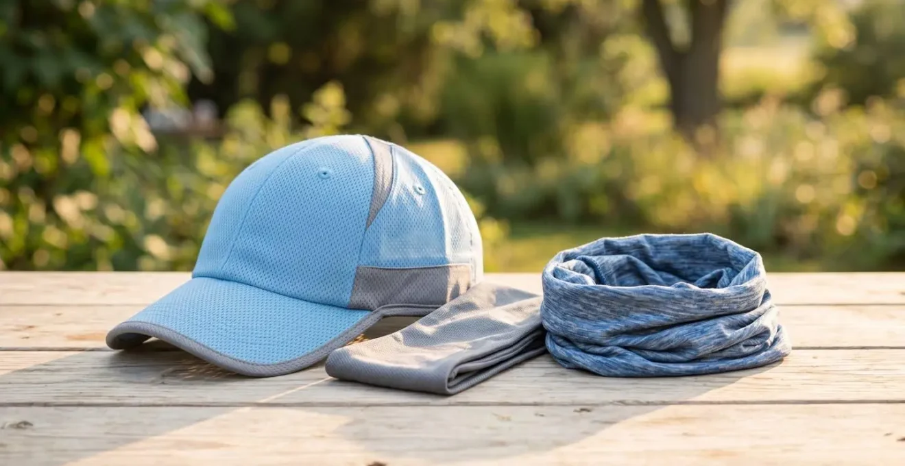 Assortiment d'accessoires rafraîchissants pour la tête (casquette évaporative, bandeau, tour de cou) disposés sur une surface en bois clair en extérieur