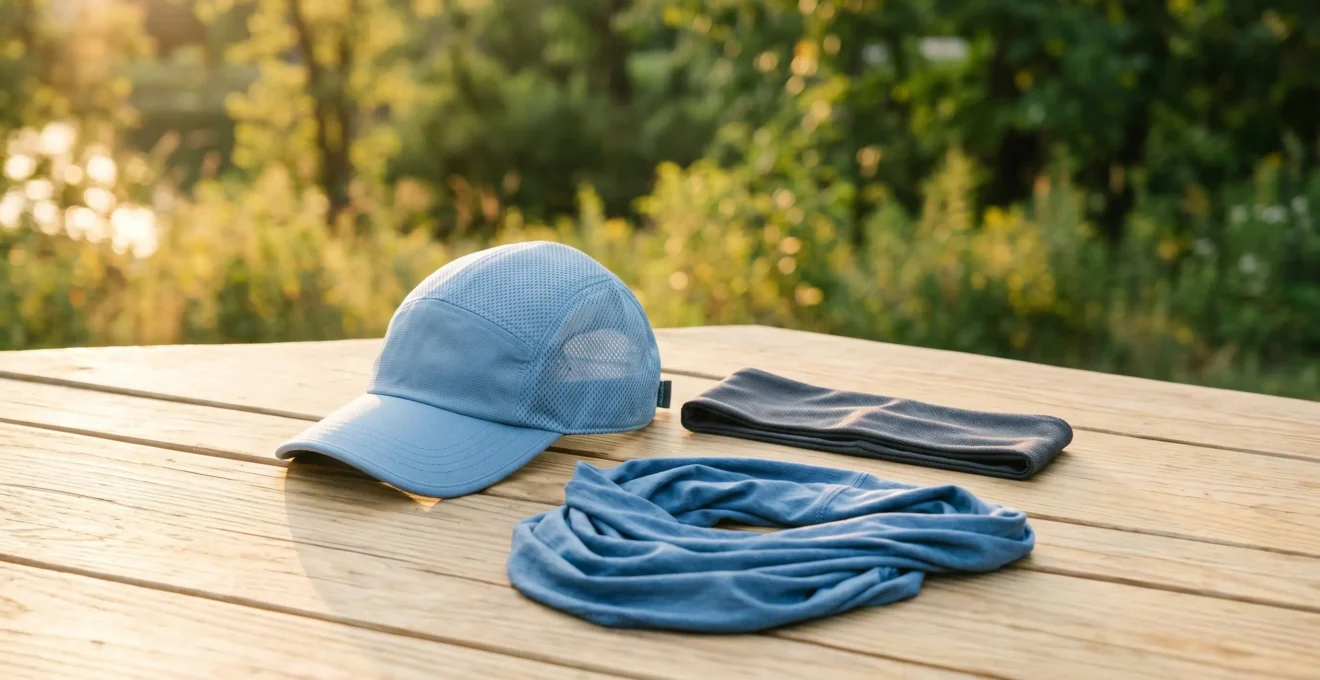 Assortiment d'accessoires rafraîchissants pour la tête (casquette évaporative, bandeau, tour de cou) disposés sur une surface en bois clair en extérieur