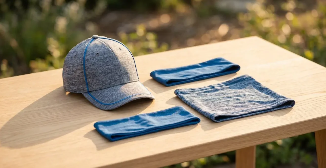 Assortiment d'accessoires rafraîchissants pour la tête (casquette évaporative, bandeau, tour de cou) disposés sur une surface en bois clair en extérieur