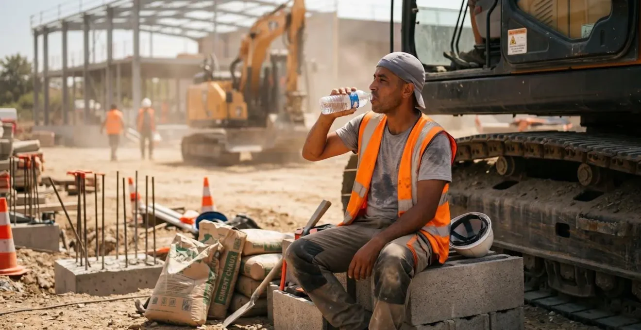 Travailleur du BTP portant une casquette rafraîchissante lors d'une pause hydratation à l'ombre sur un chantier extérieur en été