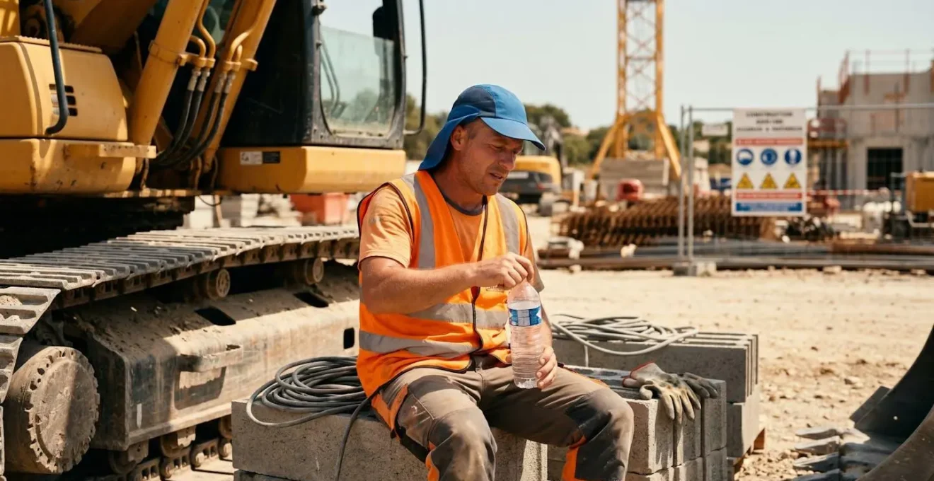 Travailleur du BTP portant une casquette rafraîchissante lors d'une pause hydratation à l'ombre sur un chantier extérieur en été