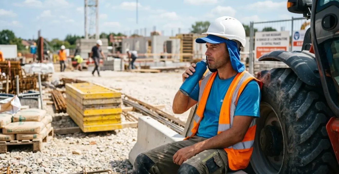 Travailleur du BTP portant une casquette rafraîchissante lors d'une pause hydratation à l'ombre sur un chantier extérieur en été