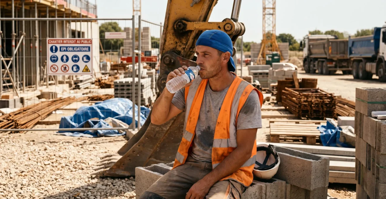 Travailleur du BTP portant une casquette rafraîchissante lors d'une pause hydratation à l'ombre sur un chantier extérieur en été