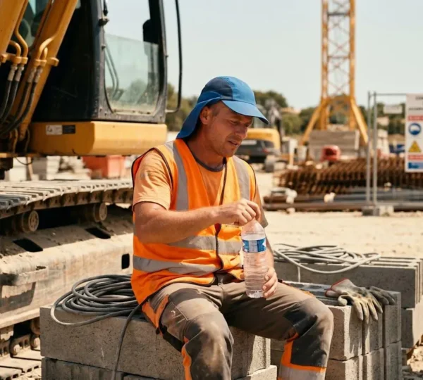 Travailleur du BTP portant une casquette rafraîchissante lors d'une pause hydratation à l'ombre sur un chantier extérieur en été